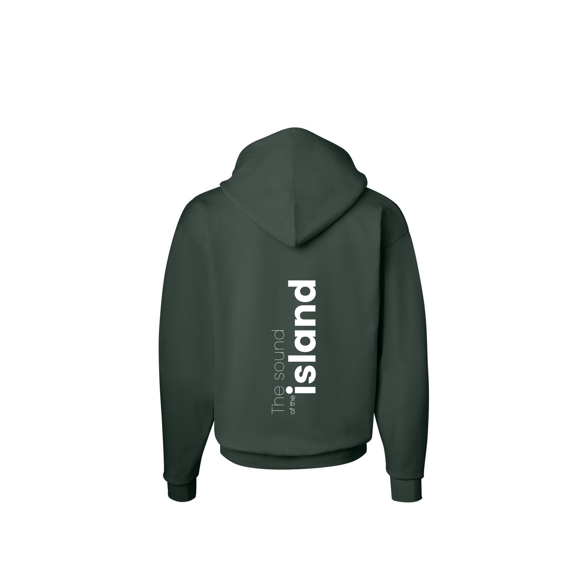 Dark green hoodie with 'island' text on the back against a white background